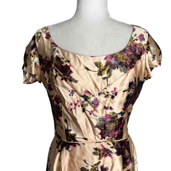 Vintage 50s Jeanette Alexander Of California Floral Satin Dress Small Cream Zip - Picture 2 of 11